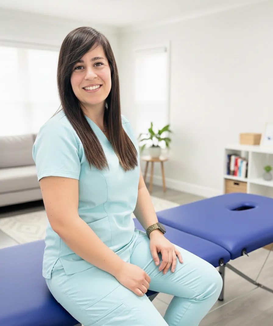 Fisioterapeuta a domicilio en Sevilla sentada junto a camilla de tratamiento