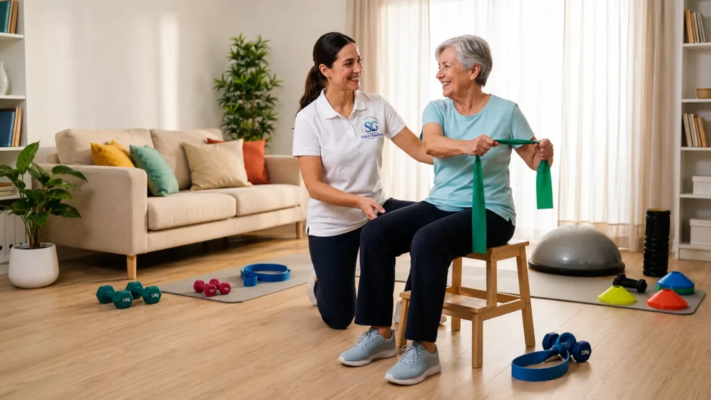 Fisioterapeuta realizando ejercicios de rehabilitación con persona mayor a domicilio en Sevilla