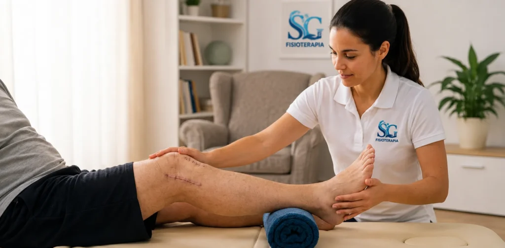 Fisioterapeuta realizando rehabilitación de rodilla tras cirugía en domicilio en Sevilla