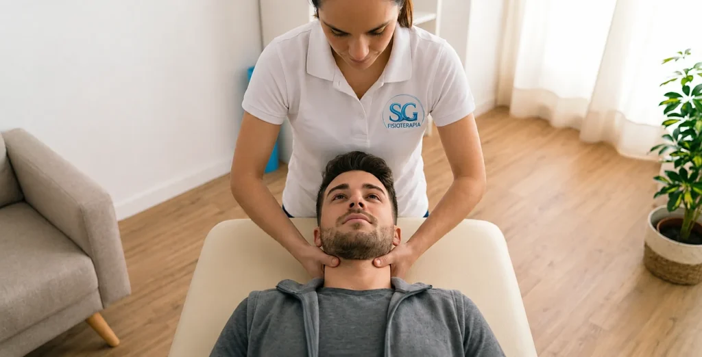 Fisioterapeuta realizando tratamiento cervical a domicilio en Sevilla