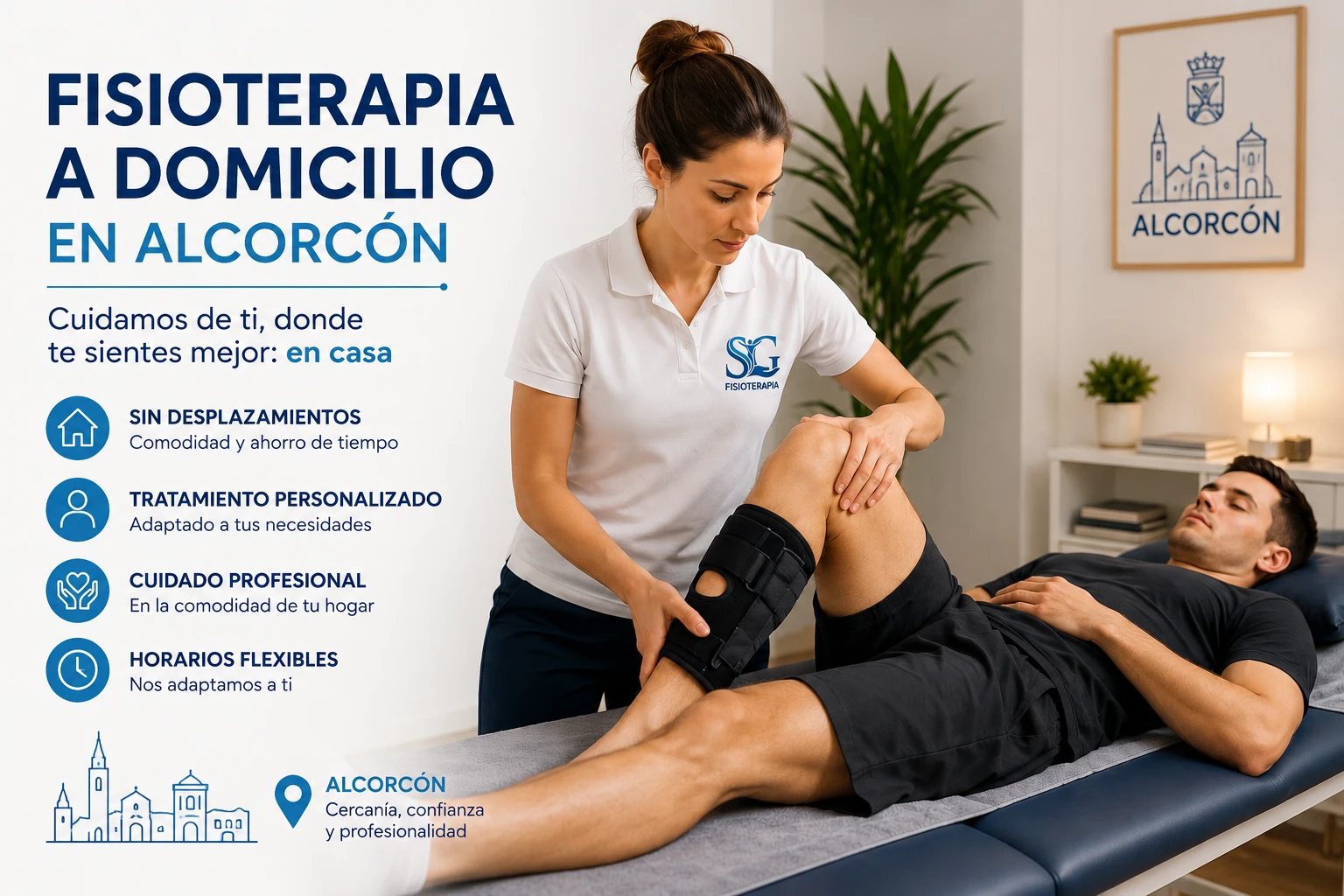 Fisioterapeuta de SG Fisioterapia realizando una sesión de fisioterapia a domicilio en Alcorcón para tratamiento y rehabilitación personalizada.